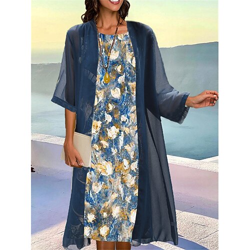 

Dame Todelt kjolesæt Hverdagskjole Print kjole udendørs Daglig Mode Elegant Trykt mønster Midikjole Rund hals 3/4-ærmer Blomstret Regulær Blå Grøn Kaffe Sommer Forår S M L XL XXL