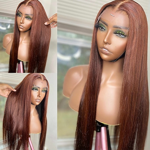 

remy menneskehår 5x5 lukking 13x4 blonder frontparykk midtdel brasiliansk hår rett brun parykk 180 % tetthet med babyhår naturlig hårfeste forhåndsplukket for kvinner