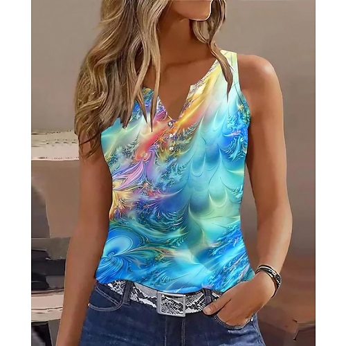 

Women's Tank Top Graphic Button Print Casual Basic Neon & Bright Sleeveless V Neck Blue