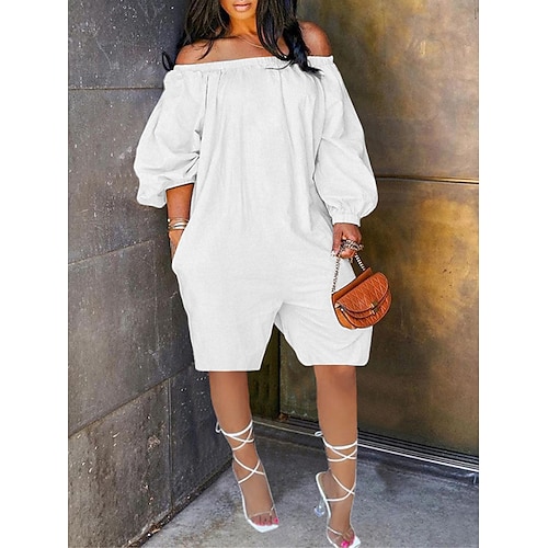 

Women's Romper Pocket Solid Color Off Shoulder Casual Street Daily Regular Fit Long Sleeve Black White Red S M L Summer