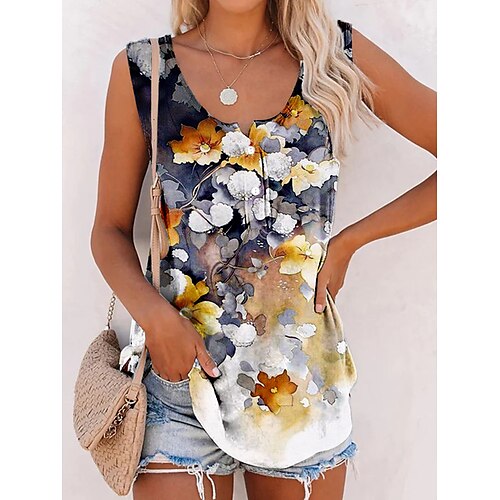 

Mulheres Malha Íntima Amarelo Floral Botão Imprimir Sem Manga Casual Feriado Básico Decote U Padrão Tema Flores S