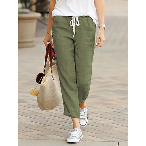 

Women's Chinos Slacks Pants Trousers Baggy Faux Linen Black Green Beige Mid Waist Basic Comfort Work Office / Career Daily Pocket Ankle-Length Breathability Solid Colored S M L XL XXL