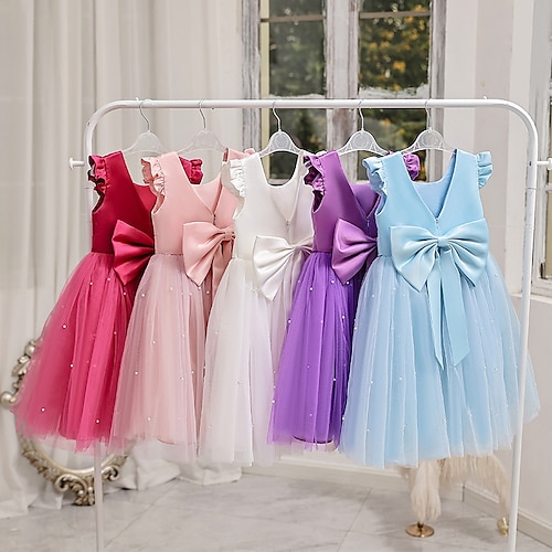 

Kids Girls' Dress Plain Mesh Bow Dress Party Pricess Dress Daily Beaded Bow Knee-length Short Sleeve Elegant Cute Dresses Spring Summer Slim 3-14 Years