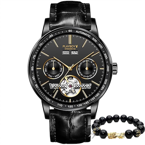 

Herren Mechanische Uhr Minimalistisch Luxus Sport Armbanduhr Skelett Automatikaufzug leuchtend Ewiger Kalender Echtes Leder Beobachten