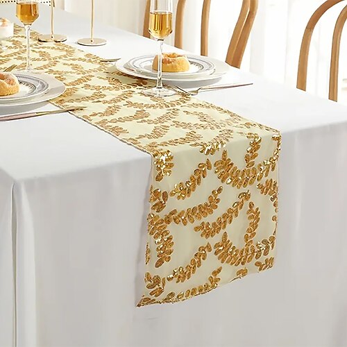 

1PC - Gold Sequin Leaf Decorative Table Cloth Wedding Party Sequin Table Cloth Birthday Atmosphere Scene Sequin Table Cloth