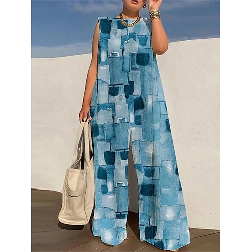 

Damen Jumpsuit Bedruckt Geometrisch Rundhalsausschnitt Strassenmode Brautkleider schlicht Strasse Täglich Regular Fit Ärmellos Weiß Blau Braun S M L XL Sommer