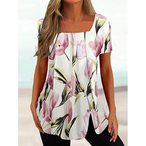 

Mujer Camiseta Rosa Floral Estampado Manga Corta Festivos Fin de semana Básico Escote Cuadrado Regular Flor Pintura S