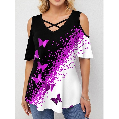 

T shirt Tee Femme Noir Violet Rose Floral Papillon Découpé Imprimer Manche Courte Vacances Fin de semaine basique Col V Normal Standard Fleur Papillon Peinture S