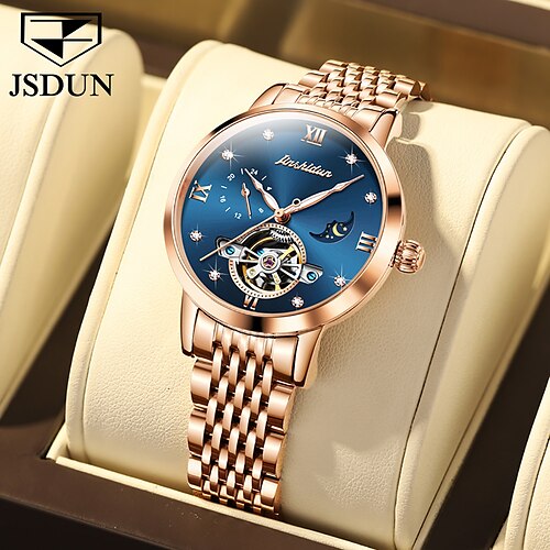 

Jin shi dun mujer reloj mecánico creativo moda bling casual diamante analógico reloj de pulsera fase lunar luminoso impermeable reloj de acero inoxidable