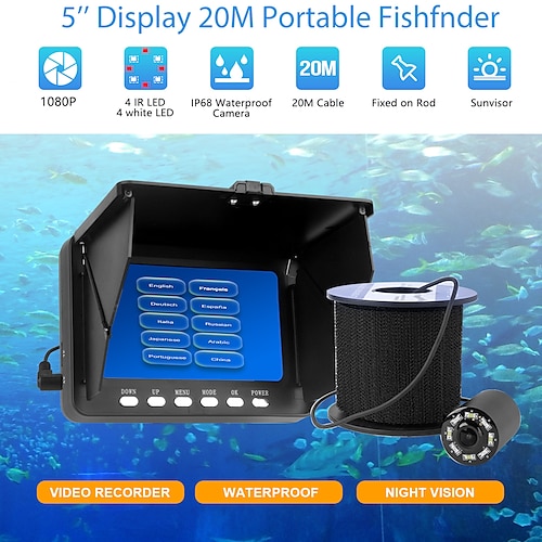 

Localizador de peixes portátil 20m câmera de pesca subaquática 8 leds 5 polegadas 1080p ip68 monitor à prova d'água ir led câmera de vídeo noturna para detecção subaquática de pesca