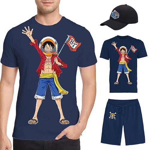 

One Piece Affe D. Ruffy T-Shirt-Ärmel Kurze Hosen Baseballmütze Bedruckt Grafik Unterhose T-shirt Hut Für Herren Erwachsene Heißprägen 100% Polyester Casual