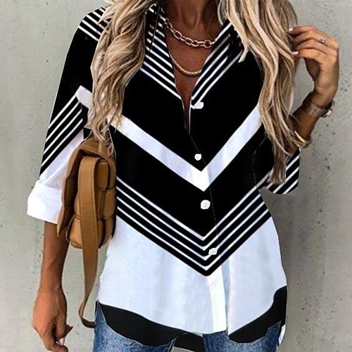 

Mulheres Camisa Social Blusa Preto Listrado Botão Imprimir Manga Longa Casual Básico Colarinho de Camisa Padrão S