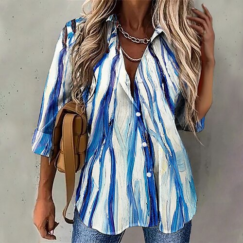 

Women's Shirt Blouse Pink Blue Green Striped Button Print Long Sleeve Casual Basic Shirt Collar Regular S