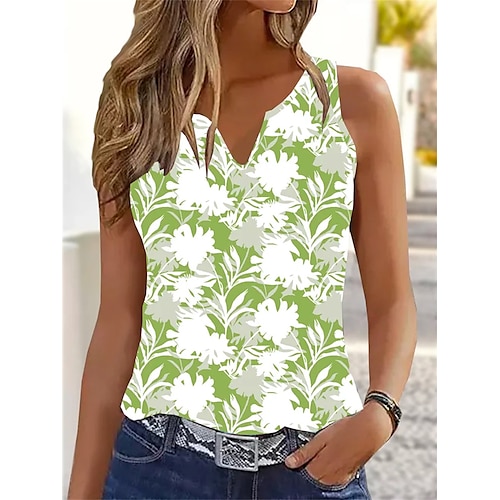 

Mujer Camiseta sin mangas Verde Trébol Floral Estampado Sin Mangas Casual Festivos Ropa de calle Escote en Pico Regular Flor S