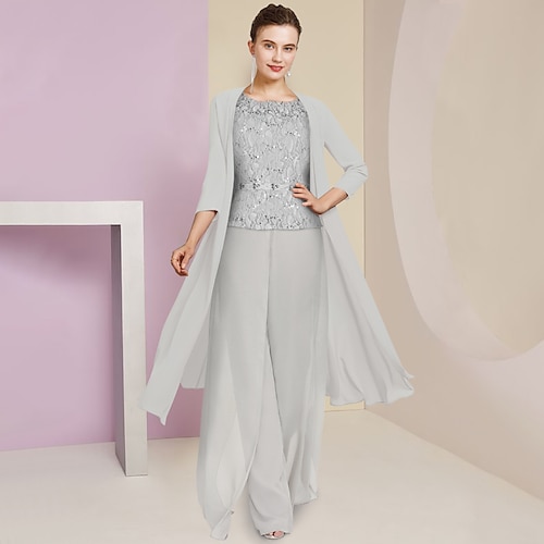

Buksedrakt 3 -delt drakt Kjole til brudens mor Formell Elegant Besmykket Gulvlengde Chiffon Blonder Kortermet Innpakking inkludert med Belte / bånd Perlearbeid 2023
