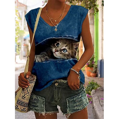 

Débardeur Femme Blanche Bleu Marron Chat 3D Imprimer Sans Manches Casual basique Col V Normal Standard Chat 3D S