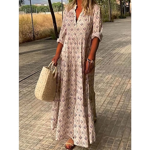 

Women's Casual Dress Floral Geometric Print V Neck Maxi long Dress Casual Date Vacation 3/4 Length Sleeve Summer Spring