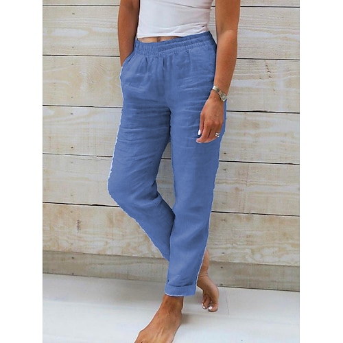 

Women's Linen Pants Pants Trousers Ash Lake blue Khaki Casual Daily Wear Micro-elastic Full Length Breathable Solid Colored S M L XL XXL