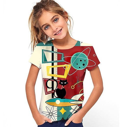 

Bambino Da ragazza maglietta Pop art Esterno Stampa 3D Manica corta Girocollo Attivo 7-13 anni Estate Vino