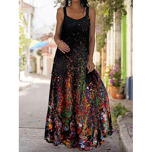 

Damen kleid lang Schaukelkleid A Linie Kleid Sommerkleid Graphic Blumen Romantisch Modern Festtage Urlaub Wochenende Bedruckt Ärmellos Gurt Kleid Regular Fit Schwarz Purpur Grün Sommer Frühling S M L