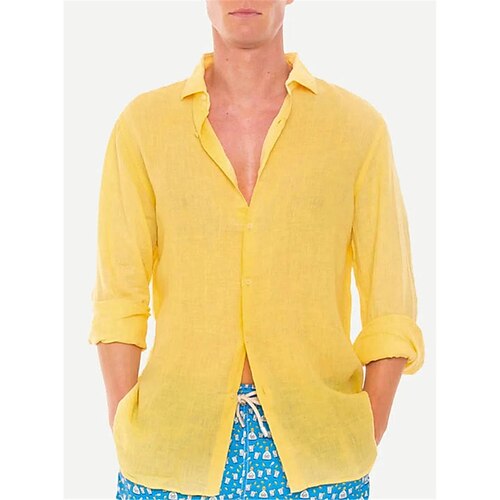 

Hombre Camisa camisa de lino Abotonar la camisa Camisa de verano Camisa de playa Amarillo Manga Larga Plano Diseño Primavera verano Casual Diario Ropa