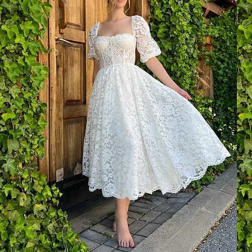 

Bridal Shower Små Hvite Kjoler Bryllupskjoler Te-lengde A-linje Halvlange ermer Torget Blonder Med Appliqué Ensfarget 2023 Brudekjoler