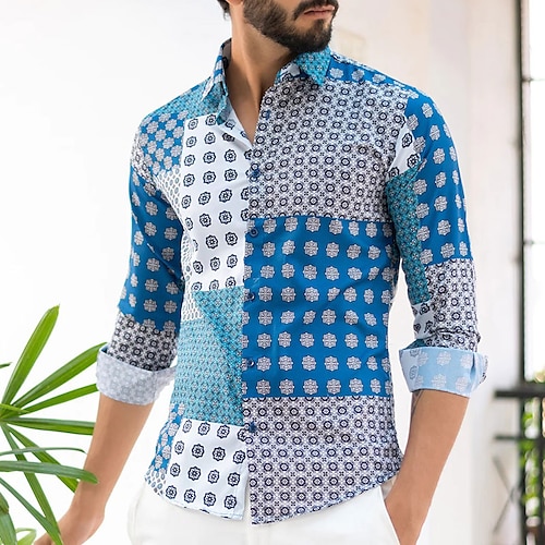 

Homens Camisa Social Bloco de cor Estampas Abstratas Vintage Aberto para a Lateral Azul Ao ar livre Rua Manga Longa Imprimir Roupa Moda Roupa de rua Designer Casual