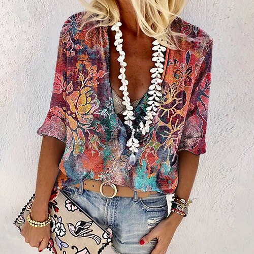 

Women's Shirt Blouse Yellow Red Green Floral Button Print Long Sleeve Casual Holiday Basic V Neck Regular Floral S