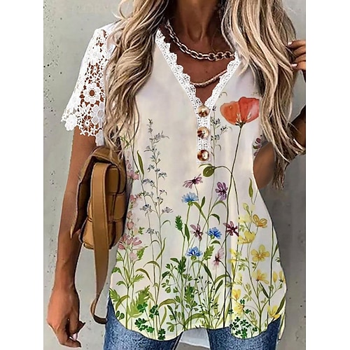 

Mulheres Camisa Social Blusa Branco Verde Arco-íris Floral Renda Botão Manga Curta Casual Feriado Básico Decote V Padrão Tema Flores S