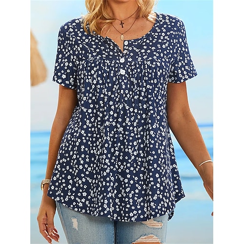 

Chemise Chemisier Femme Noir Bleu Vert Floral Bouton Imprimer Manche Courte Casual Vacances basique Col V Normal Standard Fleur S