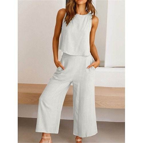 

Per donna loungewear Completi Colore puro Semplice Informale Comoda Strada Giornaliero Cotone e lino Traspirante Girocollo Senza maniche Canotte Pantalone Estate Primavera azzurro cielo Bianco