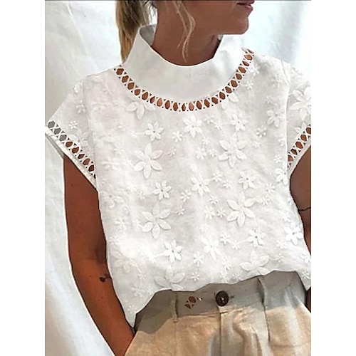 

Women's Shirt Blouse White Plain Cut Out Short Sleeve Casual Basic Standing Collar Regular S