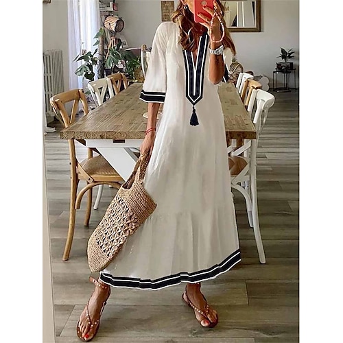 

Per donna Abito casual Abito in cotone Abito voluminoso Vestito longuette Cotone Di tendenza Essenziale Esterno Giornaliero Da mare A V Increspato Collage Manica a 3/4 Estate Primavera Autunno 2023