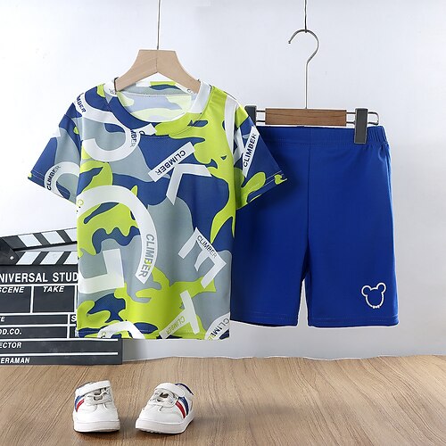 

2 Pieces Kids Boys Clothing Set Outfit Cartoon Short Sleeve Set Casual Adorable Daily Summer Spring 7-13 Years 2202-Orange Bear Short Sleeve Suit 2202-Grey camouflage short-sleeved suit 2202-Blue