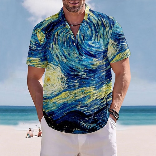 

Homme Chemise Chemise Lin Imprimés Photos Peinture à l'Huile Mao Bleu Extérieur Plein Air manche longue Imprimer Vêtement Tenue Lin Mode Vêtement de rue Design Décontractées