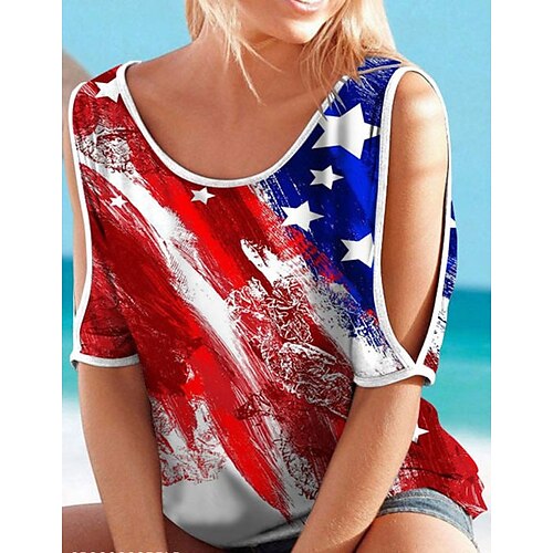 

Mujer Camiseta Vino Rojo Azul Marino Bandera Estrella Retazos Hombro frío Media Manga Hogar Casual Boho Escote Redondo Regular Pintura S