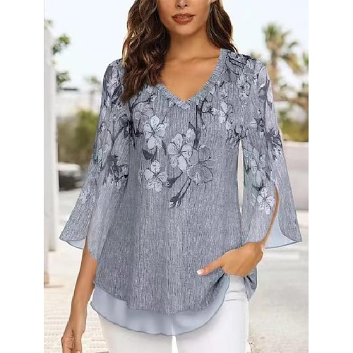 

Chemise Chemisier Femme Violet Gris Floral Imprimer manche longue Casual Vacances basique Col V Normal Standard Fleur S