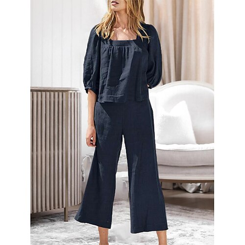 

Dame Plusstørrelser Loungewear Sæt Ren farve Basale Afslappet Komfort Hjem Daglig Ferierejse Bomuld Åndbart Firkantet hals Halvlange ærmer Skjorte Bukse Sommer Forår Navyblå Grøn