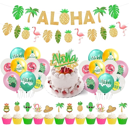 

sommer flamingo ananas kaktus ballon hawaii aloha tema fest dekoration flag kage indsats