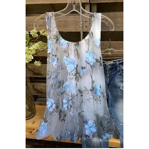 

Dame Tanktop Hvid Grå Blomstret Trykt mønster Uden ærmer Afslappet Ferie Basale Rund hals Normal Blomster Tema S