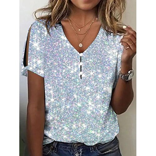 

T shirt Tee Femme Rose Claire Rose poussiéreuse Lavande Graphic Léopard Bouton Découpé Manche Courte Fin de semaine basique Col V Normal Standard Peinture S