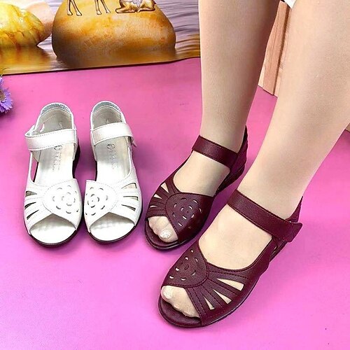 

Women's Sandals Flat Sandals Daily Flat Heel Peep Toe Casual Faux Leather Magic Tape Wine Black White