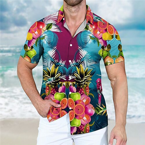 

Hombre Camisa camisa hawaiana Floral Fruta Estampados Cuello Vuelto Azul Piscina Verde Trébol Exterior Calle Mangas cortas Estampado Ropa Moda Ropa de calle Design Casual