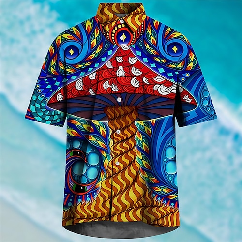 

Men's Shirt Summer Hawaiian Shirt Graphic Prints Mushroom Turndown Yellow Blue Outdoor Street Short Sleeves Print Clothing Apparel Fashion Streetwear Designer Soft