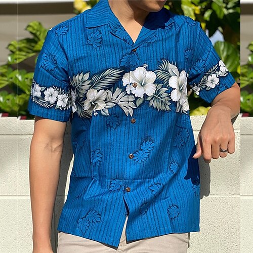 

Men's Shirt Summer Hawaiian Shirt Floral Graphic Prints Cuban Collar Blue Outdoor Casual Short Sleeve Print Clothing Apparel Sports Fashion Streetwear Designer