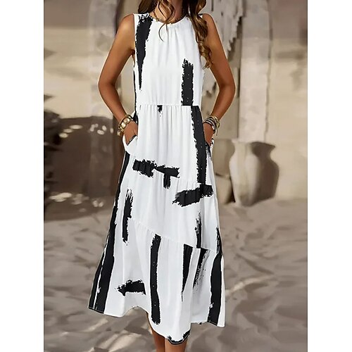 

Per donna Vestito casual Prendisole Abito senza maniche Stampa Tasche Stampa Girocollo Vestito longuette Essenziale Giornaliero Per eventi Senza maniche Standard Bianco e nero Estate Primavera S M L