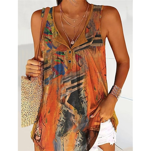 

Women's Tank Top Red Orange Green Floral Button Print Sleeveless Casual Holiday Tunic Basic V Neck Regular Floral S