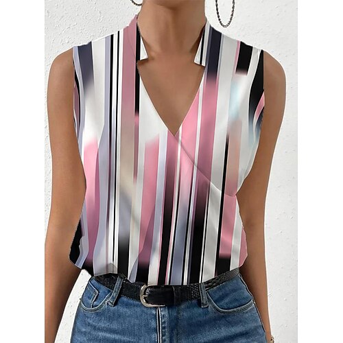 

Débardeur Femme Rose Claire Rouge bleu marine Floral Rayé Imprimer Sans Manches Casual basique Col V Normal Standard Fleur S