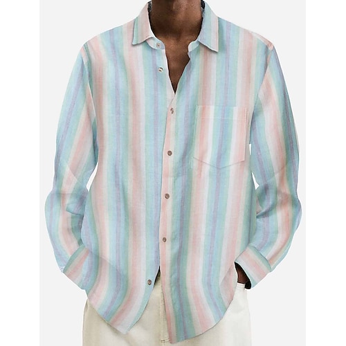 

Herre linned skjorte Button Up skjorte Sommer skjorte Casual skjorte Strandtrøje Blå Langærmet Stribe Knaphul Forår sommer Afslappet Daglig Tøj Frontlomme