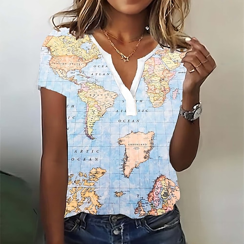 

Per donna maglietta Blu Reale Blu Azzurro Pop art Mappa Stampa Manica corta Giornaliero Fine settimana Essenziale A V Standard Astratto Pittura S